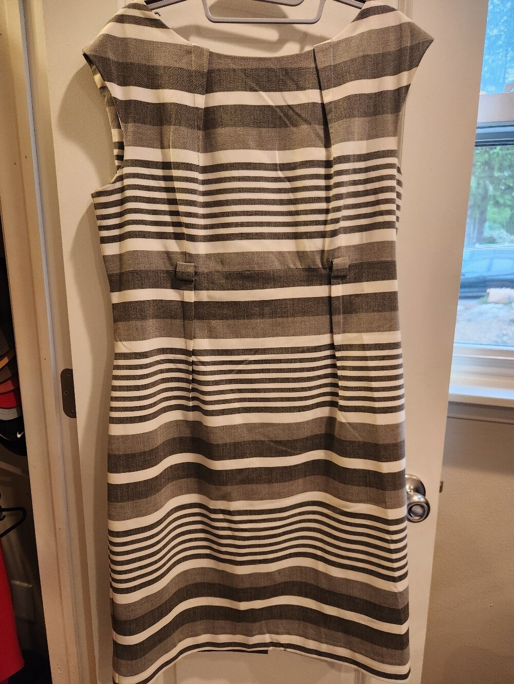 Calvin Klein Grey and White Striped Midi Sheath Dress
